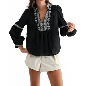 NEW CAMELLIA embroidered boho v-neck blouse in black